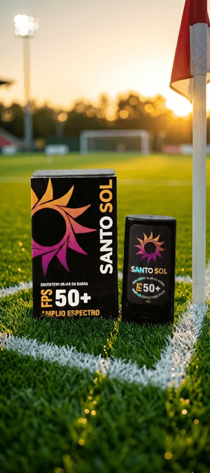 SantoSol Protector Solar FPS 50+ en barra utilizado por un deportista en campo de fútbol, resistente al sudor extremo.